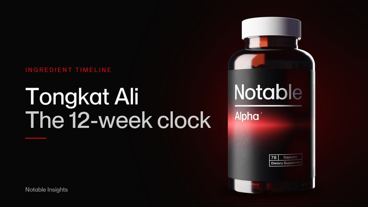 Notable Alpha bottle beside the headline Tongkat Ali, the 12-week clock